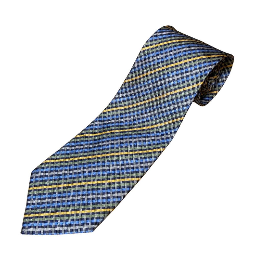 Henry Jacobson 4" Hand Made Silk Cotton Blend Tie Blue Green Yellow EUC